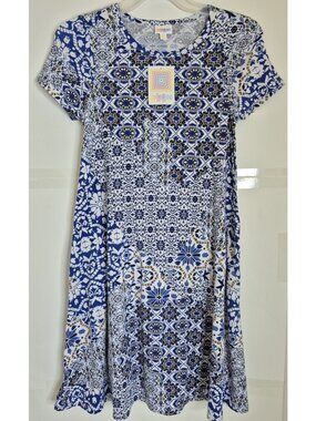 NWT LULAROE Blue Geometric Short Sleeve Jessie Dress Women's Size XXS